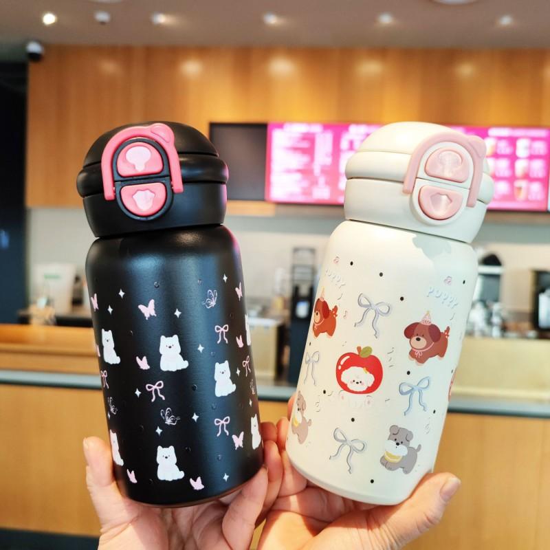 Cute Double-Lid Insulated Stainless Steel Water Bottle With Straw Women 500ml Vacuum Thermos 316 Inner 304 Outer
