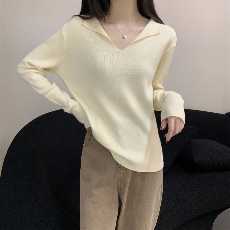 

Women s Solid Color Knitted T-shirt French Version V-neck Slim Fit Famale Long Sleeved T-shirts Spring Casual Ladies Sweet Style Pullover Top M абрикосовый