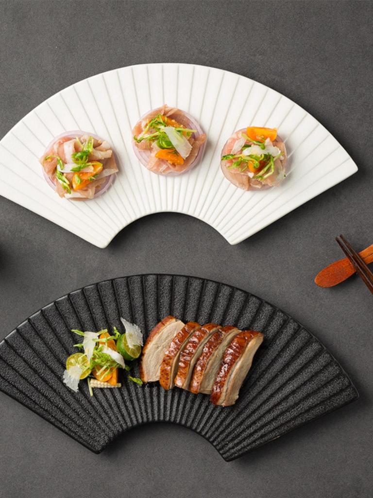 Fan-Shaped Striped Japanese Tableware: Irregular Sushi & Dessert Plate for Home or Hotel.