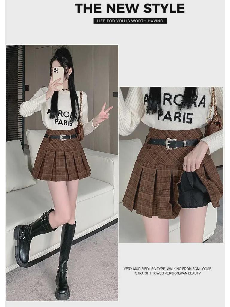 Korean Plaid Woolen Pleated Skirt: Autumn/Winter High-Waist College Style