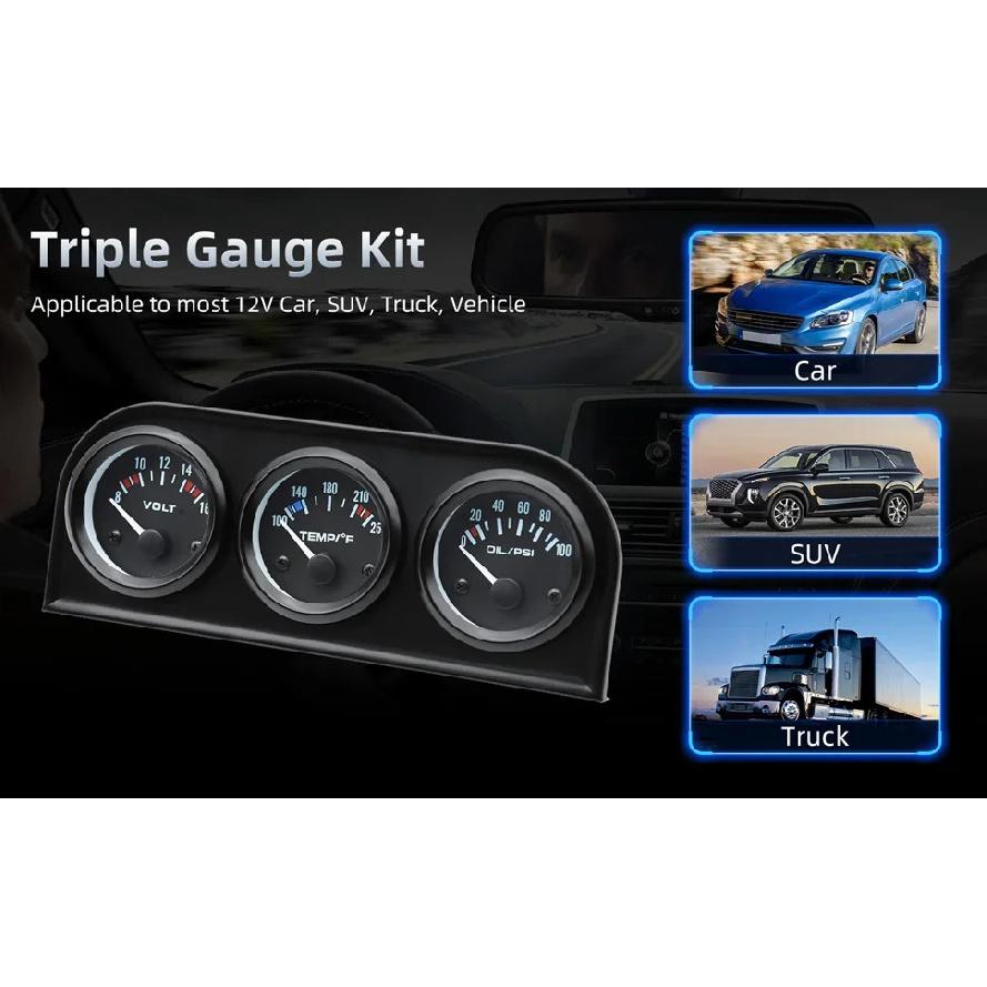 2'' 52mm 3 in 1 LED Back-lit Gauges Voltmeter Water  Oil Pressure Oil temperature Electrical Gauge 3 in 1 Kit Meter
