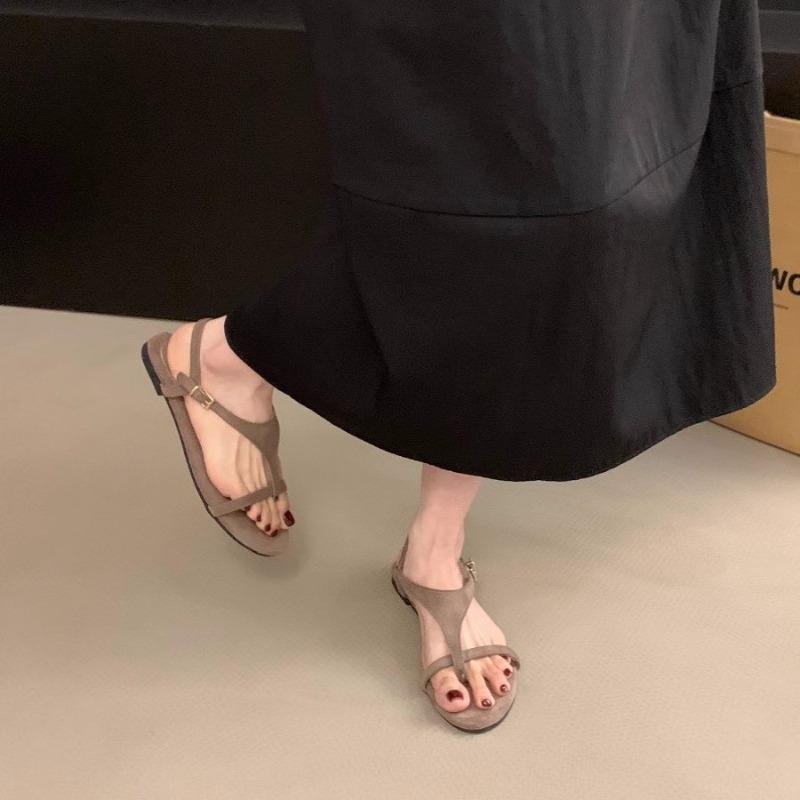 Fashion 2025 Korean Style Flat Bottom Sandals with One-Piece Buckle Comfortable Vintage Fashion Women's Sandals with Skirt Roman Style