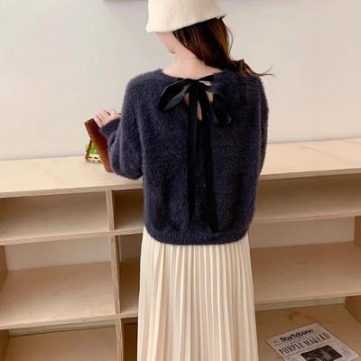 Back Lace-up Bow Imitation Mink Fleece Knitted Sweater Top Autumn and Winter New Short Sweater Pullover Women