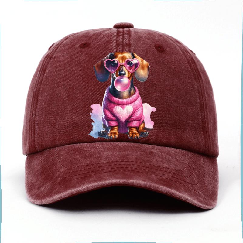Dachshund Dog Bubble Gum Pink Heart Glasses Print Baseball Cap Cotton Adjustable Casual Hat One Size