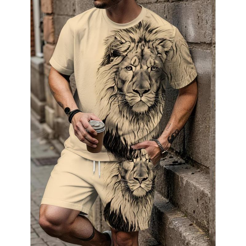 Men's Summer Set Fashion Wolf Print Short Sleeve + Shorts 2 Piece Set Animal Pattern Casual Quick-Dry Men's Summer Sports Set
