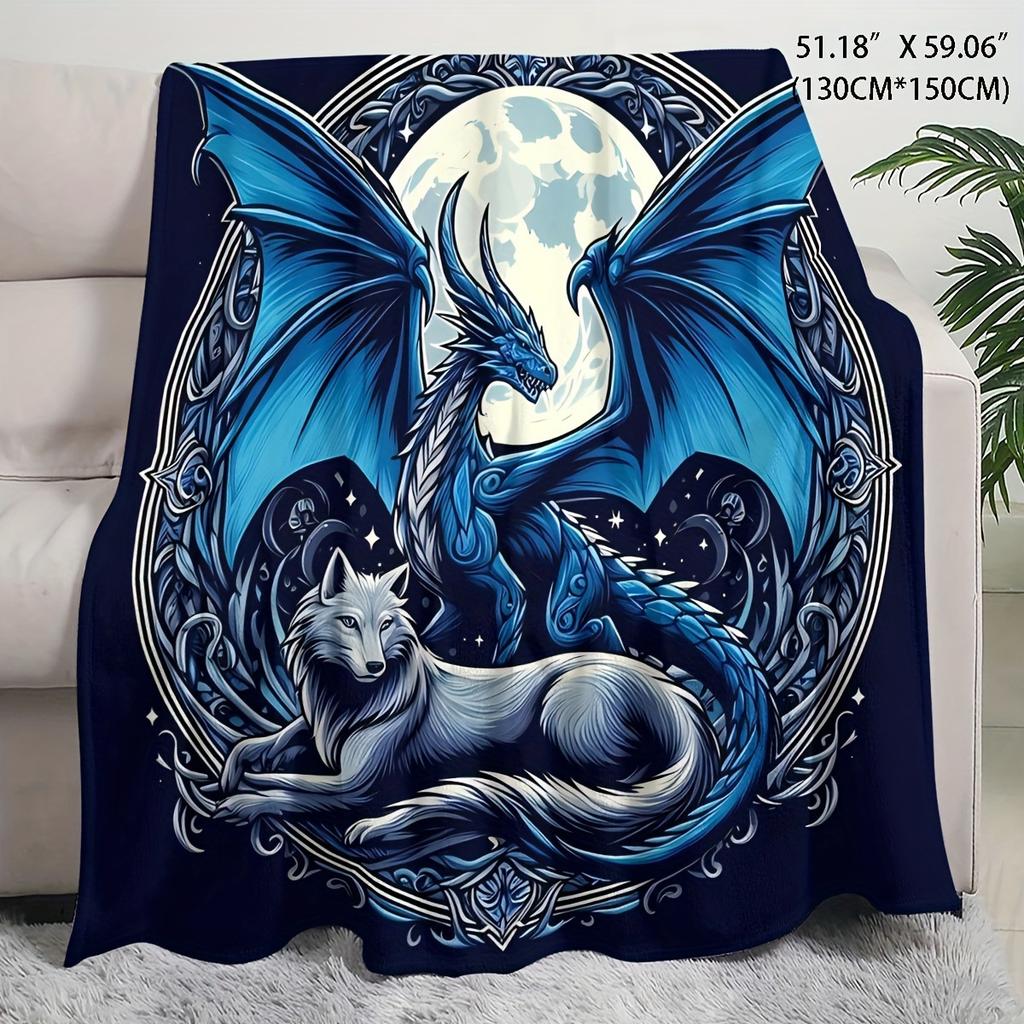 Ice Dragon and Wolf Flannel Printed Blanket Soft Comfortable Bed Blanket Modern Style Themed Decorative Blanket