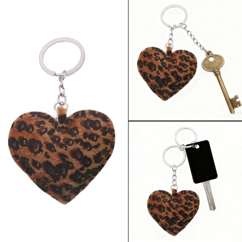 Leopard Print Heart Shaped Keychain with Metal Hook PU Leather Accessory for Fashionable Everyday Carry Item