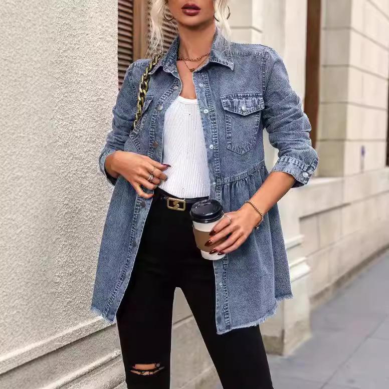 Women's Washed Raw Edge Denim Long Sleeve Shirt Jacket