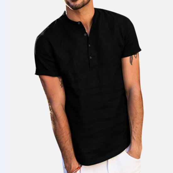 Camicia Estiva da Uomo Tinta Unita Collo Alto Bottoni Maniche Corte Sottile Abbigliamento Quotidiano Vestibilità Slim Scollo a V Top Estivo da Uomo Indumento da Uomo