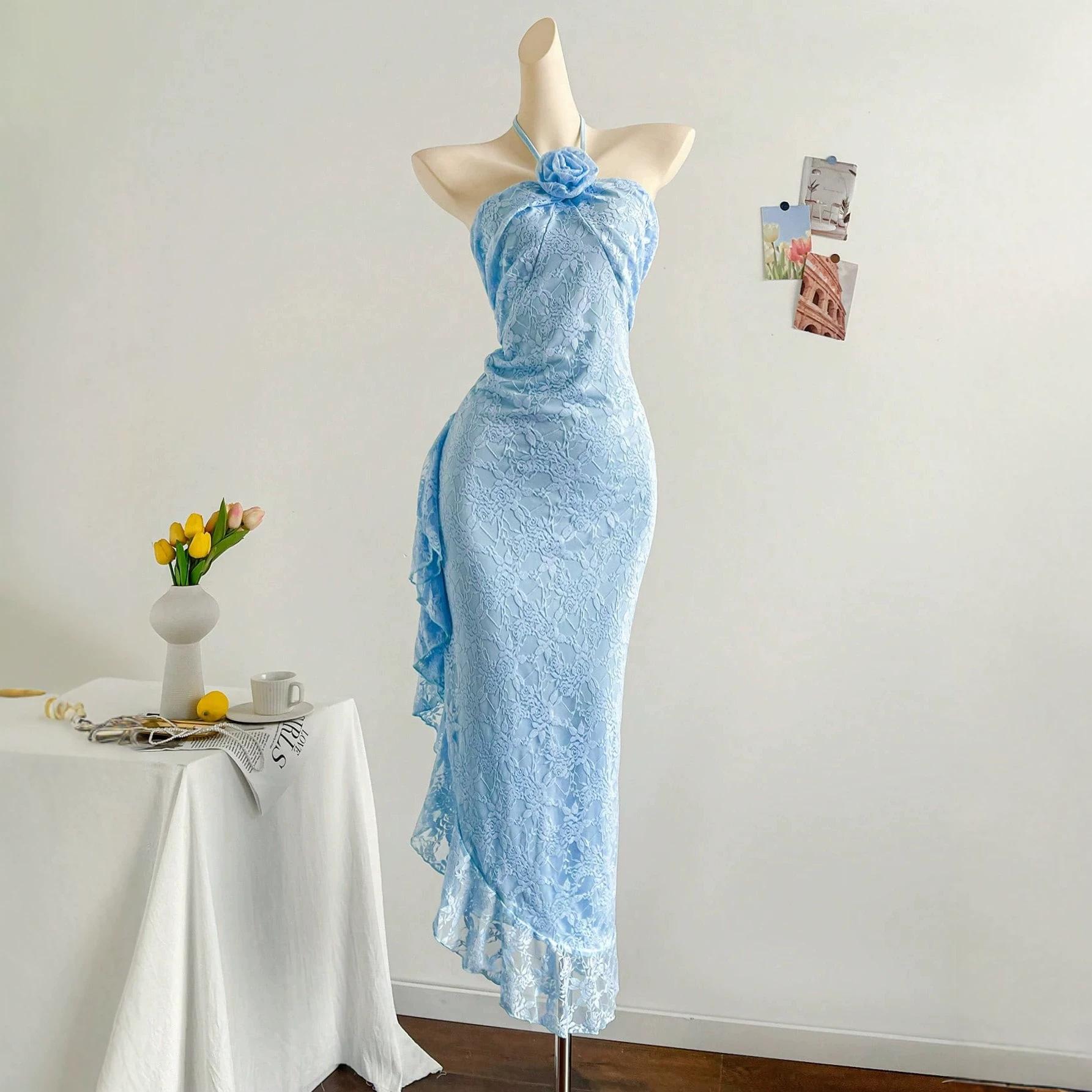 women s Halter Neck Lace Maxi Dress Floral Applique Bodycon Asymmetric Hem Party Dress S небесно-голубой