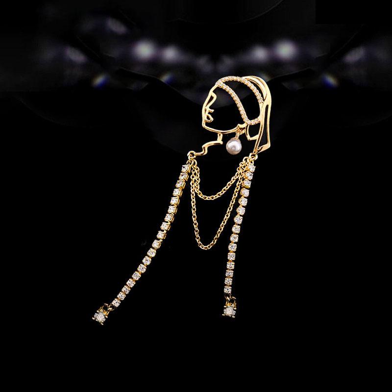 

New Creative Full Zircon Tassel Girl Wearing Pearl Earrings Brooch for Women High-end Retro Corsage Suit Pin Jewelry Accessories золотой