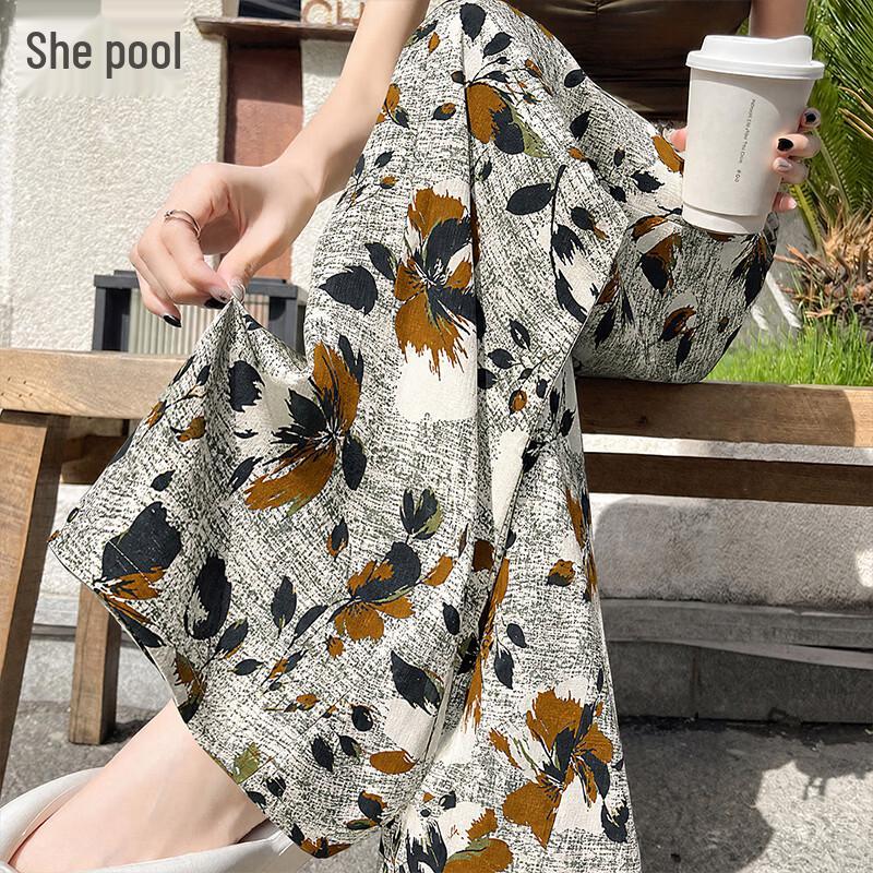

Women s Elastic Waist Color-block Print Wide-Leg Pants One Size