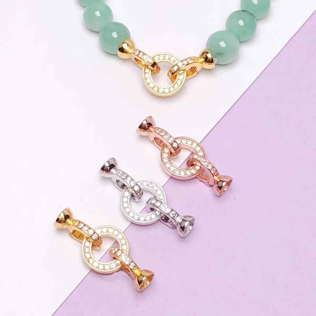 18k Gold-Plated S925 Sterling Silver Round Double Ring Pearl and Crystal Necklace Clasp for DIY Beading.