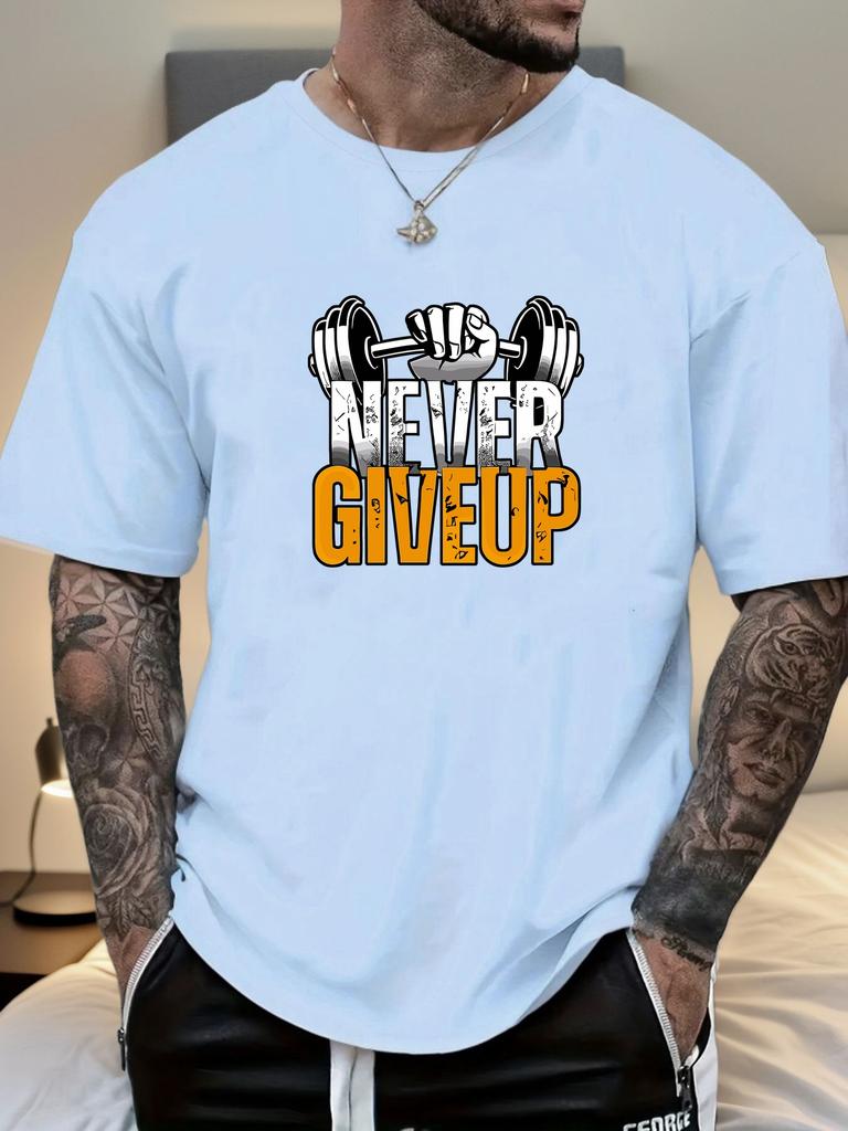 Gym Tshirt 2025 Summer Essential Mens Comfy Everyday Trendy Never Give Up Barbell Print 100 Cotton Short Sleeve Casual Top