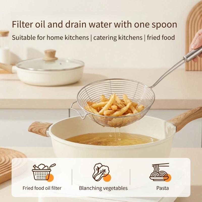 Long Handle Skimmer Spoon Stainless Steels Spiders Wire Strainer Ladle with Hook for Boiling Noodles and Hot Pot Serving in Kitchen Use