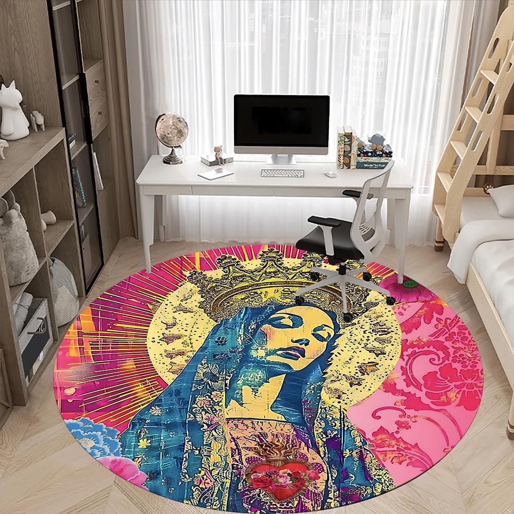 1pc Virgin Mary Print Carpet, Round Non Slip Durable Large Size Office Carpet, Suitable for Office