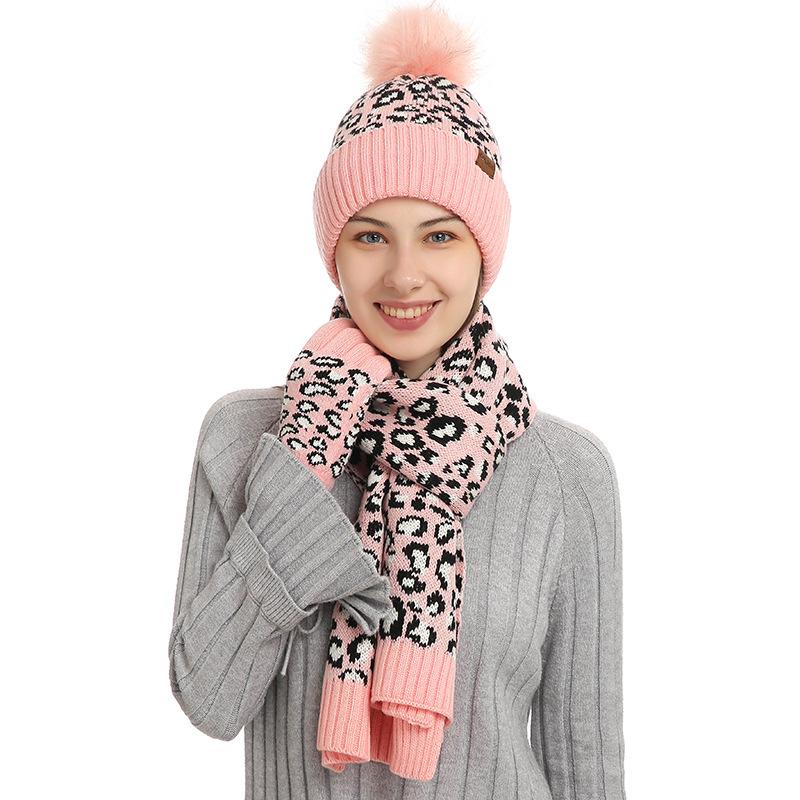 Autumn and Winter Knitted Hat Set New Women's Leopard Print Warm Wool Hat Scarf Gloves Three-piece Set
