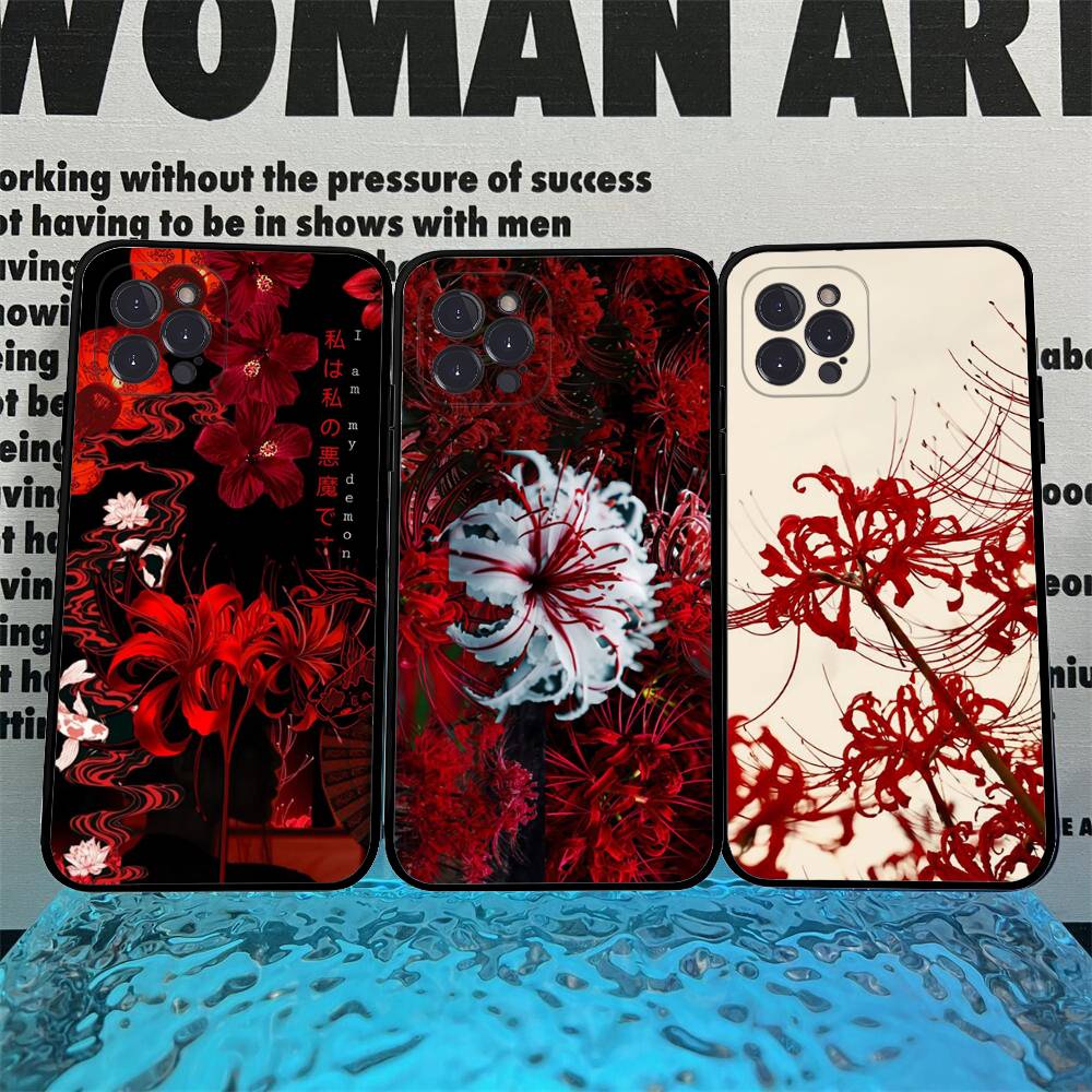 Rote Spinnenlilie Japan Kunst Schwarze Weiche Handyhülle Für IPhone 16 15 14 13 11 12 17 Pro Max Mini Plus