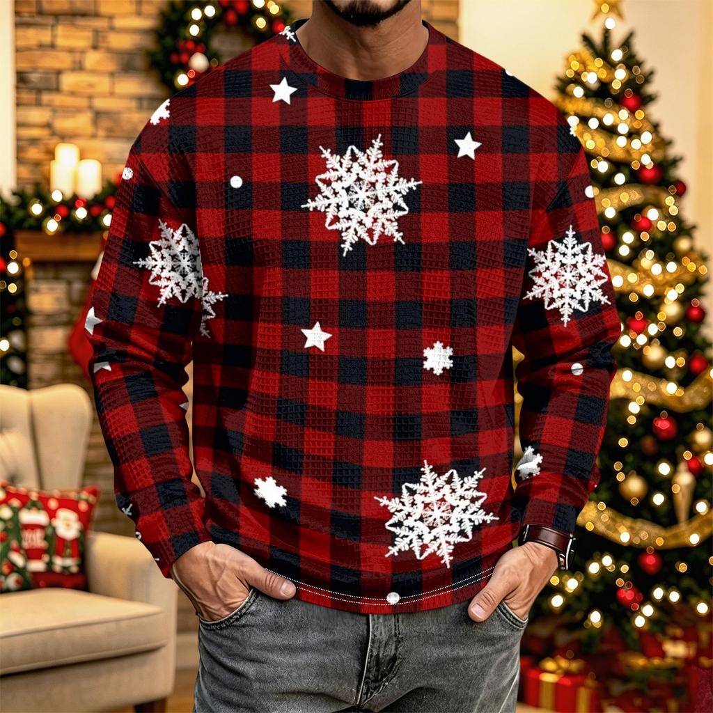 Men's Casual Knit Long Sleeve Neck Shirt with Christmas Print for Holiday and Everyday Wear