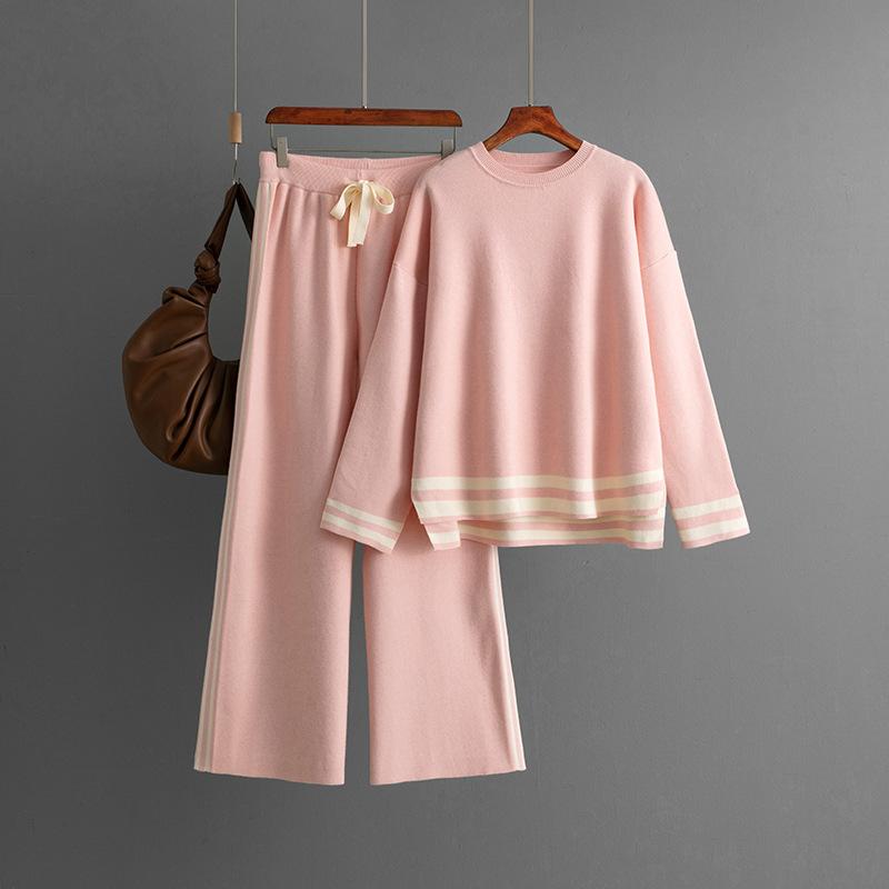 Fashion Suit Women's Autumn And Winter Knitted Round Neck Loose Fitting Pullover Sweater Wide Leg Pants Two-piece Set