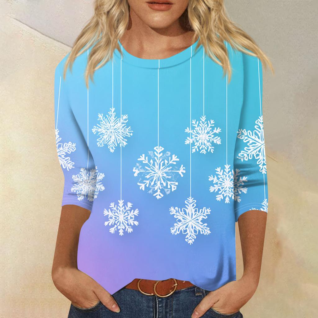 Lässiges Damen-T-Shirt mit Rundhalsausschnitt, Dreiviertelärmeln und Weihnachtsmotiv