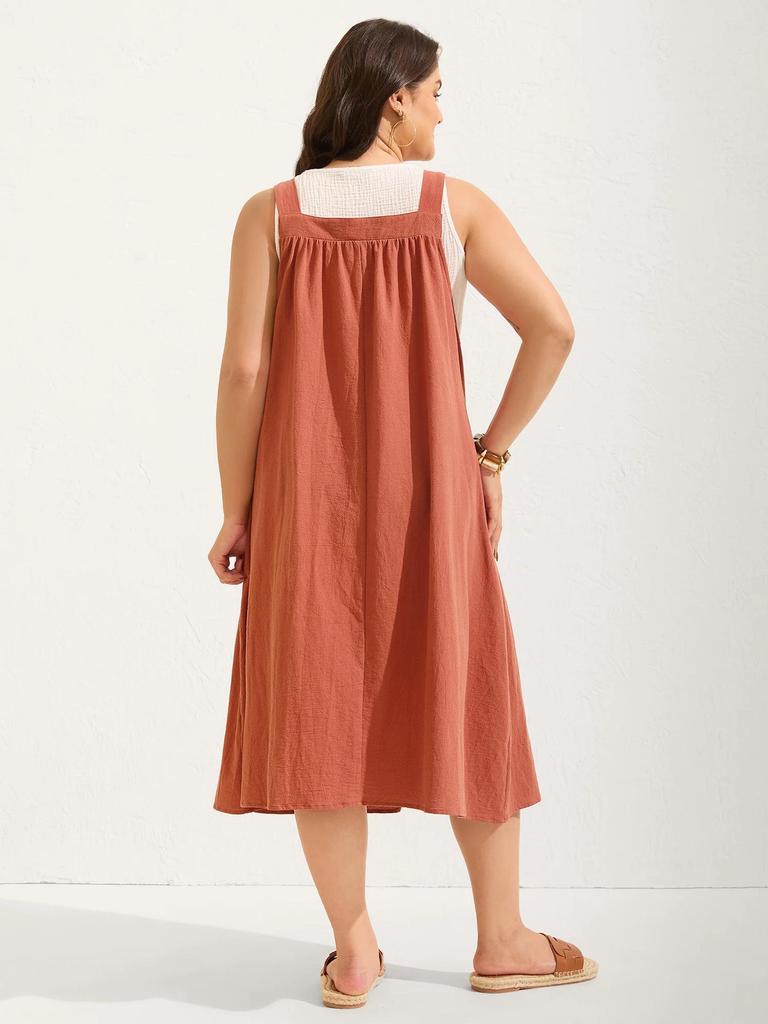 Plus Size Women's Cotton Pleated Suspender Dress with Pockets - Casual and Slimming Fit