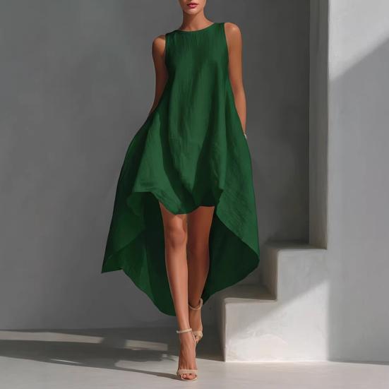 Women's Cotton Linen Sleeveless Midi Dress Crew Neck Asymmetric Hem Tank Dress Summer Casual Beach Sundress