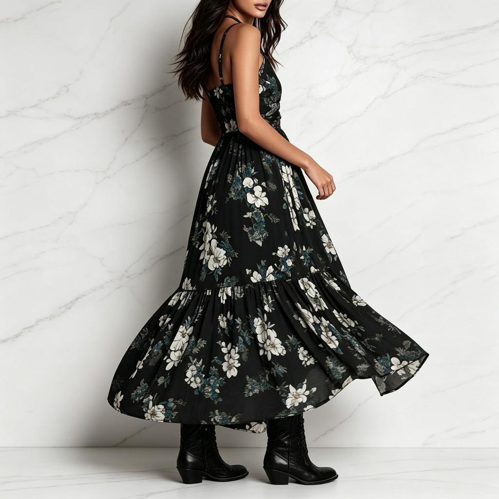 2026 new European and American style printing suspender dress women's V-neck waist high split long dress fashion vacation dress