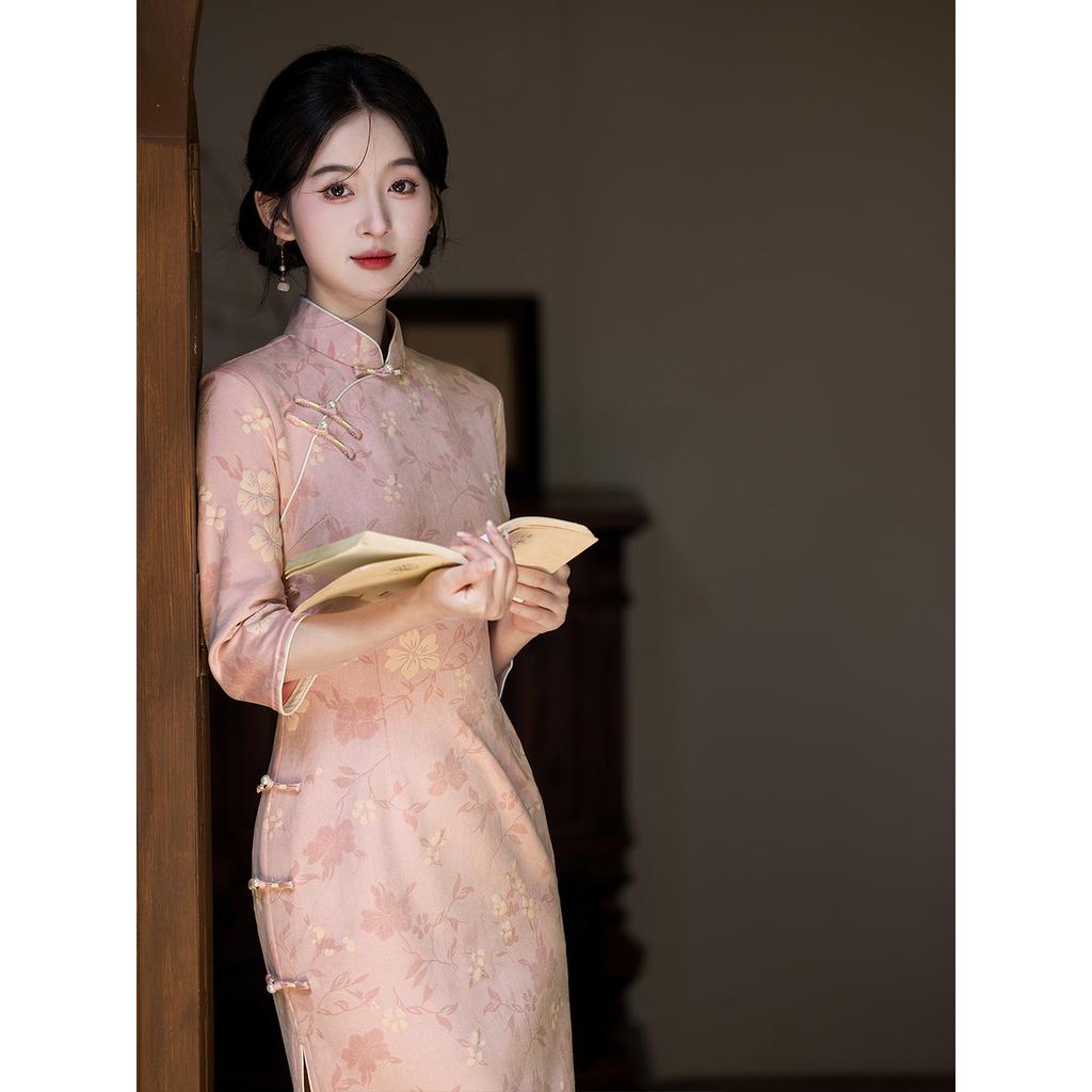 Luo Shibo Stunning Suede Pink Cheongsam 1011 Autumn Daily Lady Fan Temperament Dress Women