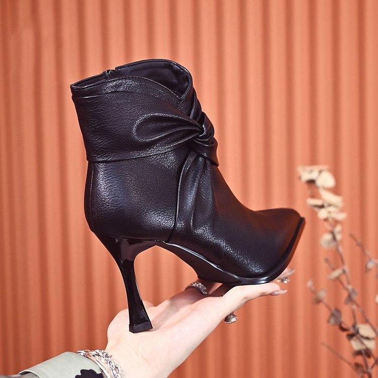 Pleated pile boots pointed short boots new autumn and winter boots niche boots thin boots stiletto high heels