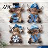 Elegant Seasonal Ornament 4Pcs Christmas Highland Cow Figurine, Winter Blue Yak Statues with Snowflakes Xmas Unique Room Accent Hats, Farmhouse
