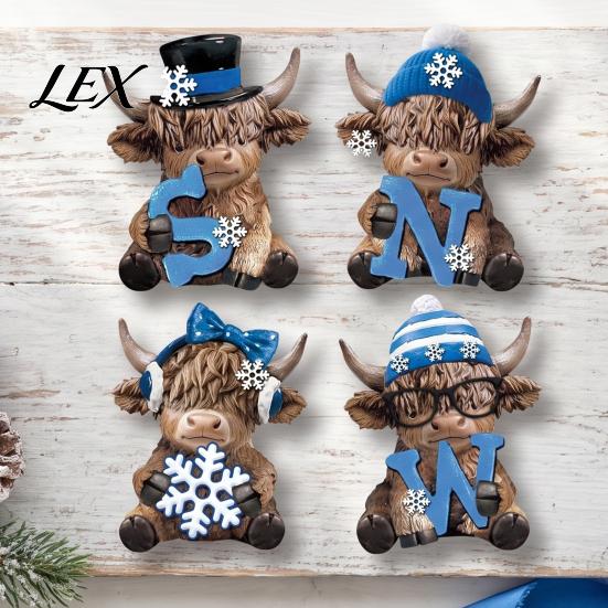 Elegant Seasonal Ornament 4Pcs Christmas Highland Cow Figurine, Winter Blue Yak Statues with Snowflakes Xmas Unique Room Accent Hats, Farmhouse