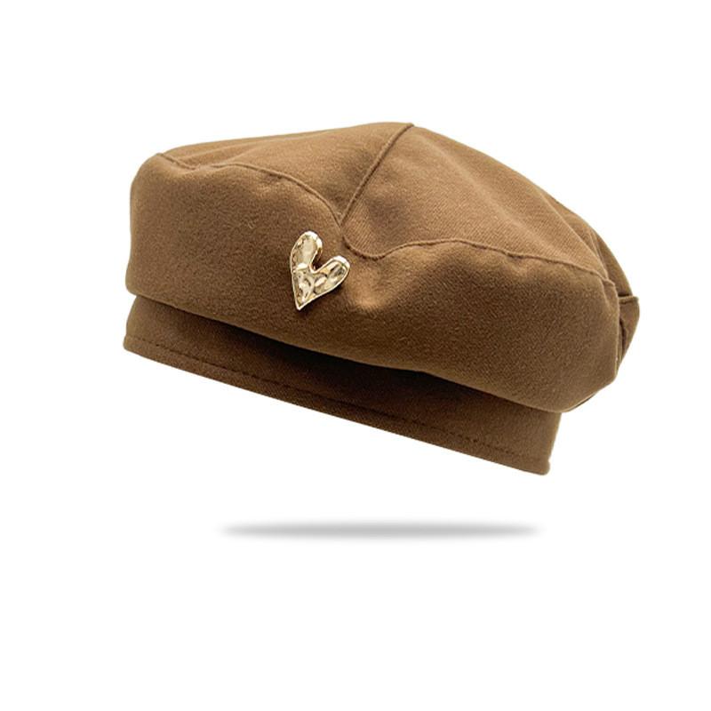 Love Metal Embellished Beret Solid Color Winter Octagonal Hat Outdoor Activities
