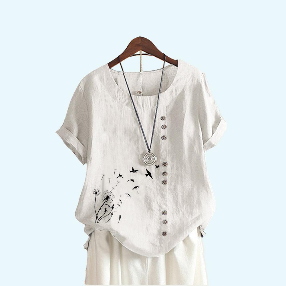 Frauen Mode Kurzarm T-shirt Sommer & Herbst Casual Rundhals Floral Print Top Pullover Lose Baumwolle Leinen Blusen