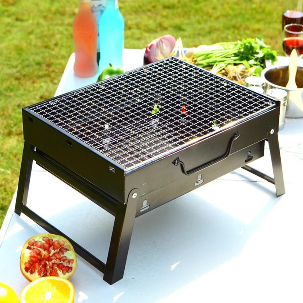 Grill BBQ Holzkohlegrill Edelstahl Klein Mini BBQ Werkzeugsatz Outdoor Kochen Camping Picknick Strand Tragbarer BBQ