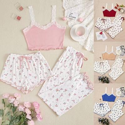Three Pieces Set Pajama Sets Women's Printed Vest Shorts And Pants Pijamas Paired Ribbed Soft Fabric Casual Home Sleepwear Set