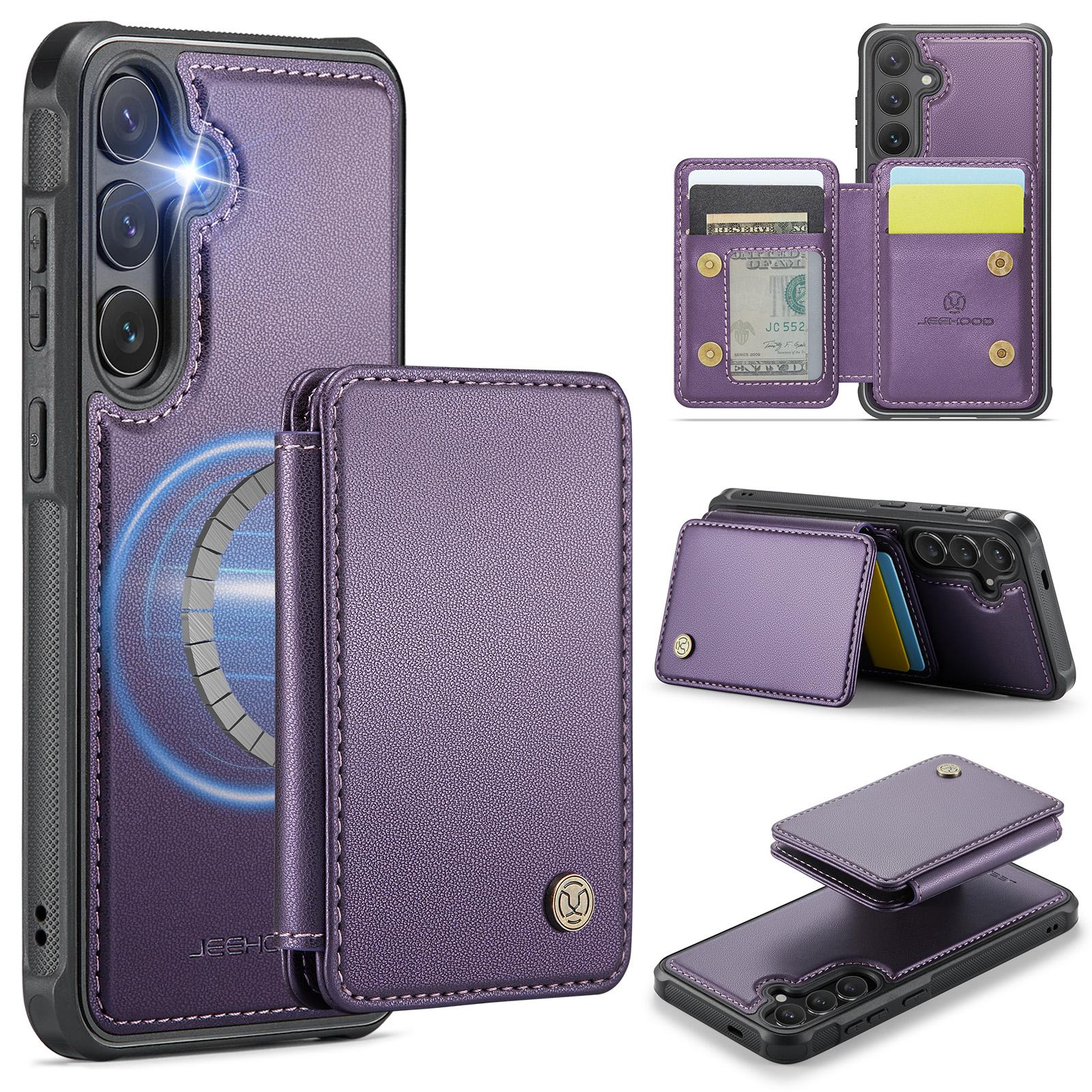 

For Samsung Galaxy S25+ Case JEEHOOD J05 Leather Mobile Cover with Detachable Magnetic Card Bag Purple