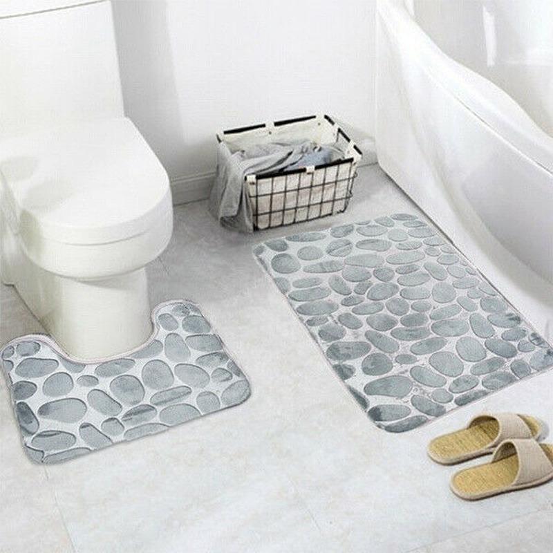 2Pcs Pebble Pattern Non-slip Bathroom Carpet Toilet Floor Mat Shower Mat Room Comfortable Washable Anti Slip Carpet Floor Mat