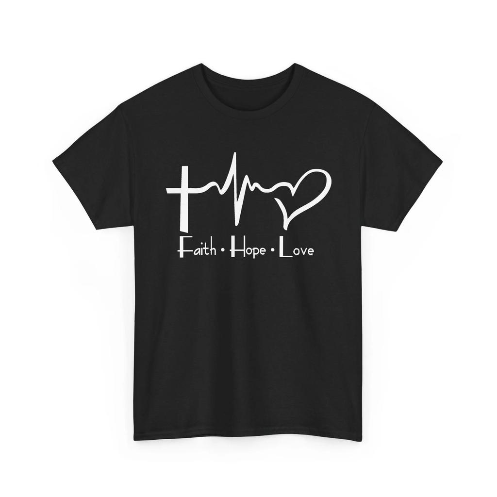 Faith Hope Love Cross Heart EKG Jesus Religious Unisex Heavy Cotton TShirt