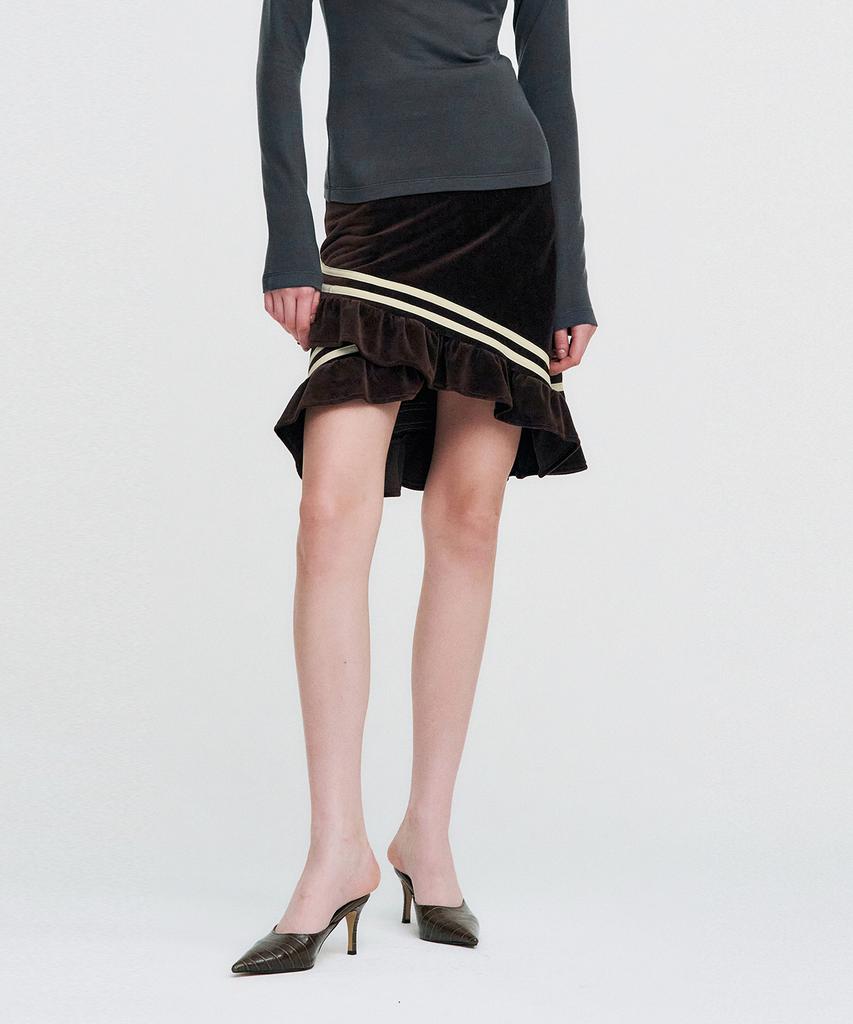 Kimjisu Color Strap Velor Frill Skirt _ Brown