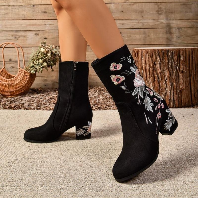 Women's Single Boots Spring Autumn New High Heels Embroidered Color Matching Short Boots Casual Comfort Increase National Boots
