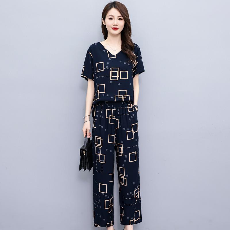 Sommeranzug für Frauen im mittleren Alter Neue elegante zweiteilige Sets Damen-Outfits Lose Vintage-Druck-Hosen-Set mit weitem Bein