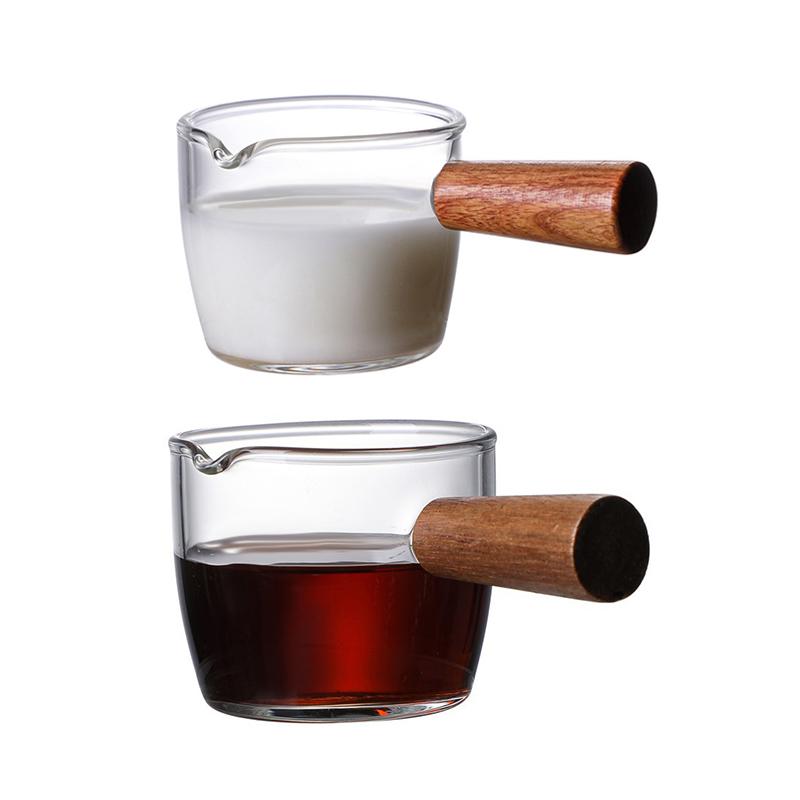 Small Glass Milk Cup Coffee Creamer Milk Pitcher Mini Glass Cup Milk Jug Gravy Boat Condiment Bowl Sauce Dish with Wood Handle