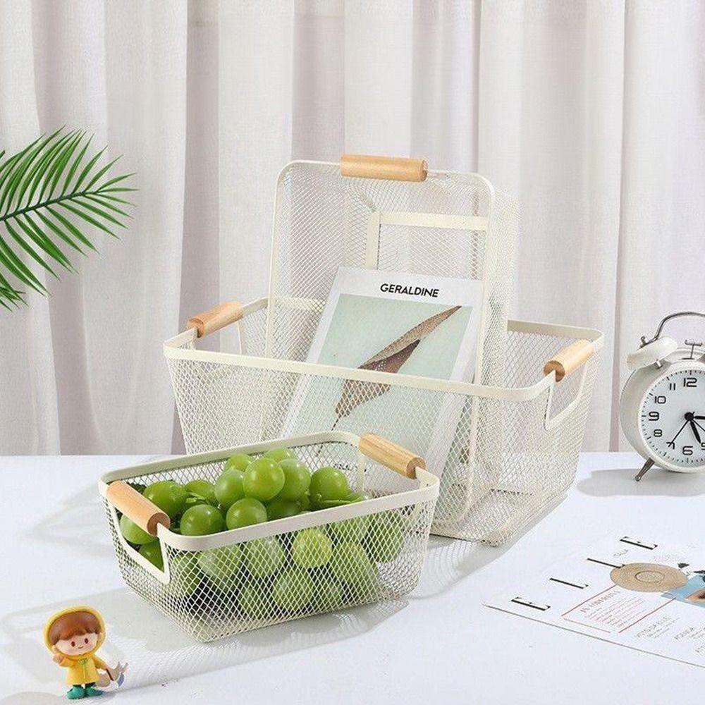 Metal Desktop Storage Basket Rectangle with Wood Handle Vegetable Fruit Snack Holder Large Capacity White Black Iron Mesh Basket