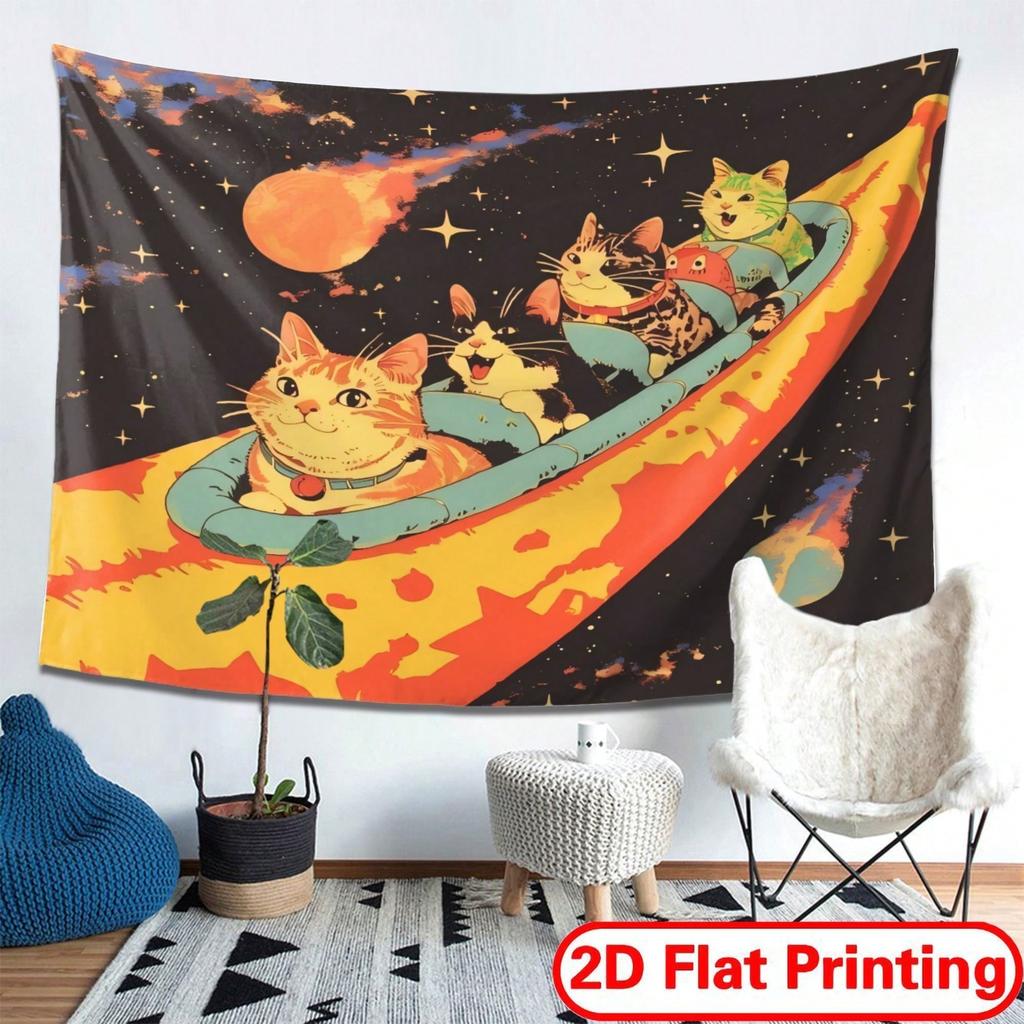 Space Cats Roller Coaster Tapestry Retro Cartoon Astronaut Kitten Print Wall Hanging for Kids Bedroom Dorm Decor