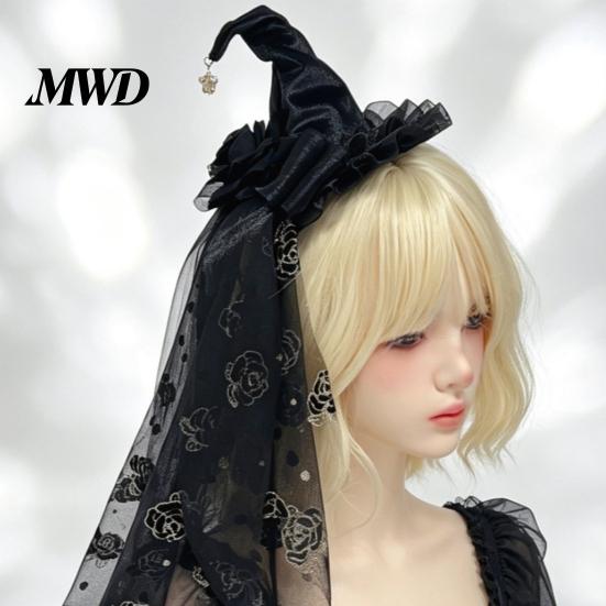 Halloween Costume Accessories Witch Hat with Rose for Women, Gothic Vintage Mini Wizard Spooky Party Decorations Headpiece Veil Costume, Dress