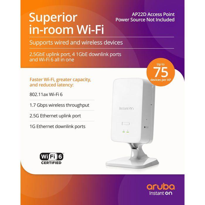 Borne d'accès sans fil - HPE Networking - Instant On AP22D (RW) - Wi-Fi 6 - 2.4/5 GHz - Montage mural/bureau