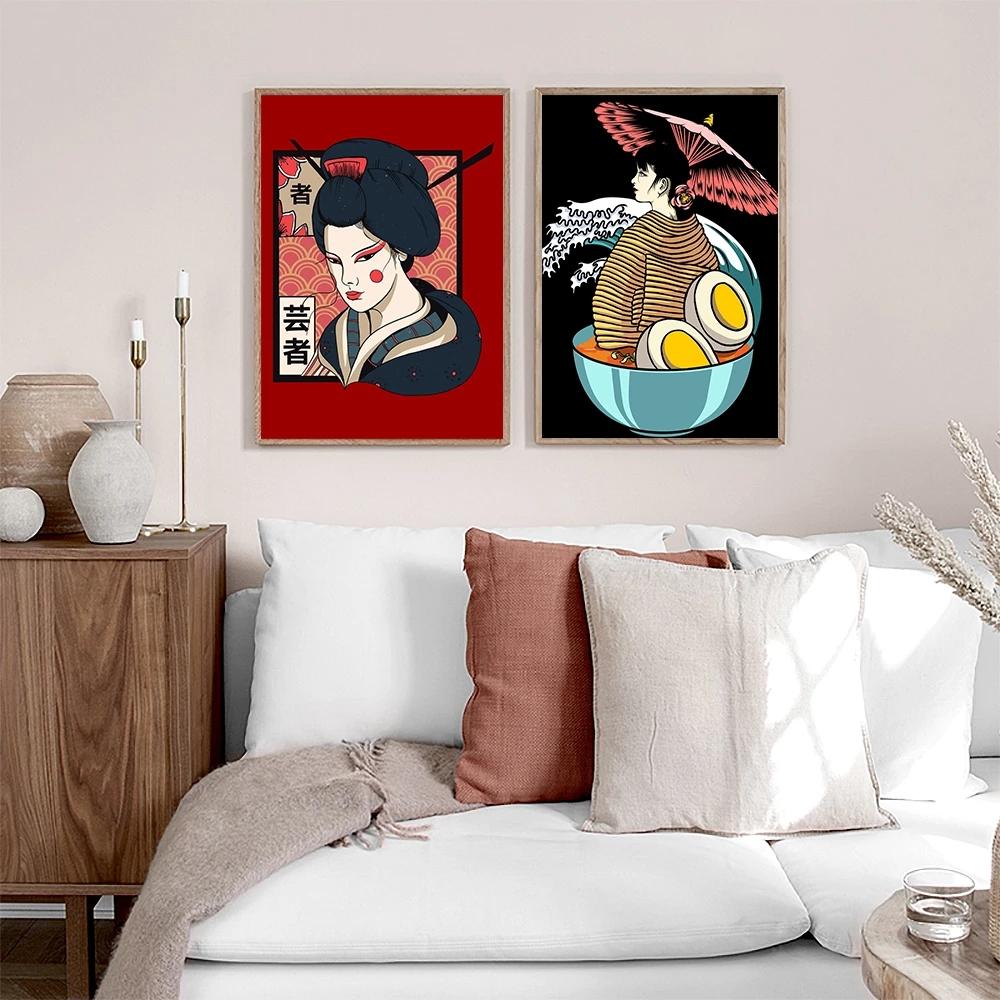 Cadru din lemn masiv Dj japonez Geisha Ramen Postere Abstracte Frumusețe Pânză Pictură Artă Perete Poze Mâncare Restaurant Bucătărie Decor Home