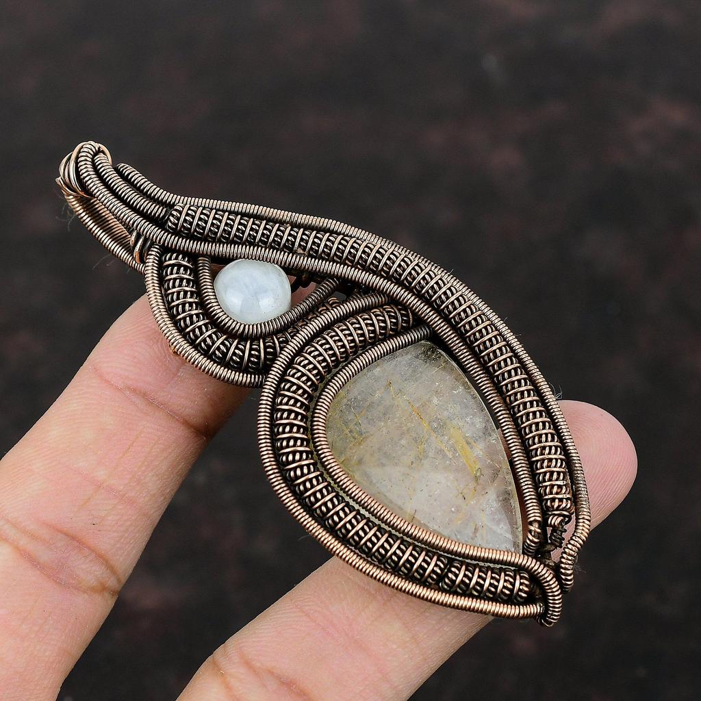 Golden Rutile Pendant Copper Wire Wrapped Gemstone Pendant Handmade Wire Wrap Jewelry Rainbow Moonstone Pendant Gift For Her Copper Jewelry
