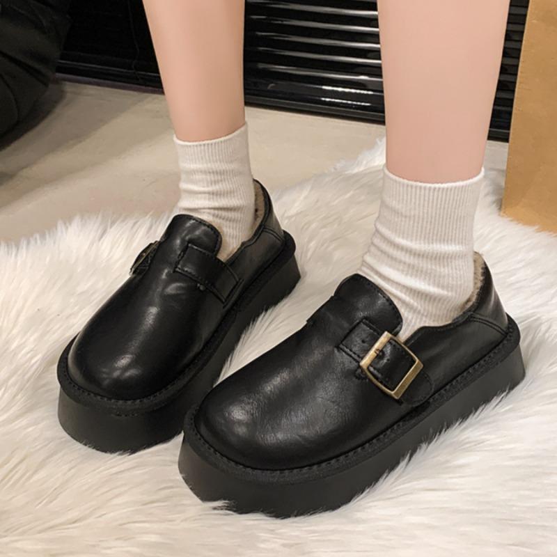 Flats Casual Cotton Shoes Women Loafers Platform Plush Warm Winter Retro Soft Leather Sneaker 2024 Trend Fur Snow Botas Mujer